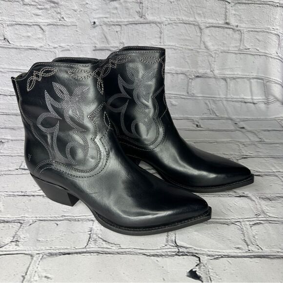 Frye Embroidered Short Western Black Leather Ankle Boots Size 8.5 - Picture 1 of 7